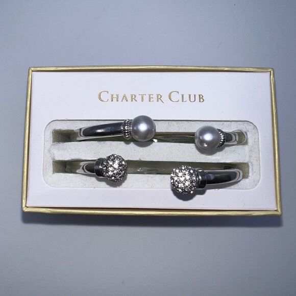 Charter Club 2 Piece Set Pavé Bead & Lavender Imitation Pearl Cuff Bracelets New - Picture 4 of 6